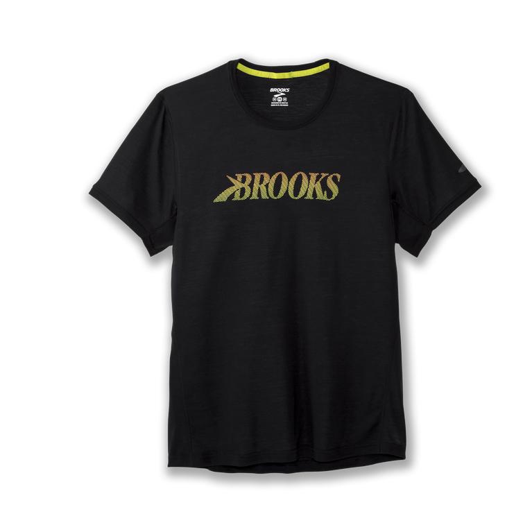 Brooks Distance Graphic - Mens Short Sleeve Running Shirt - Black/Greenyellow/Flying B (17453ERYB)